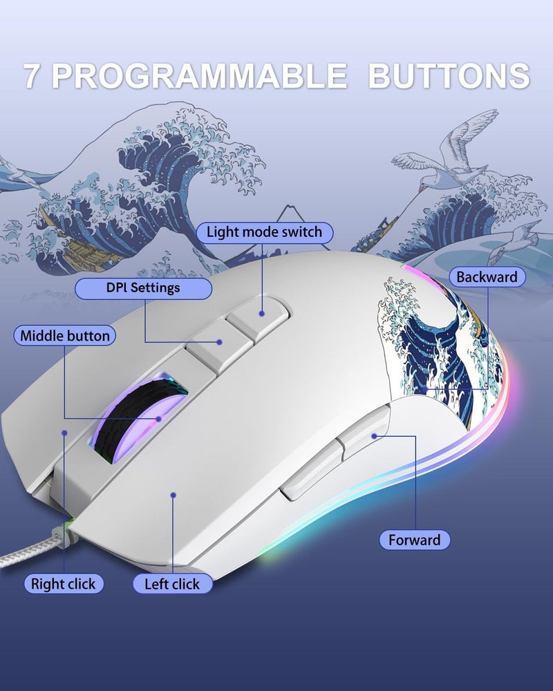 COSTOM Womier G705 USB Wired Gaming Mouse for PC Computer Windows Mac Laptop, Lightweight Silent RGB Backlit Mouse with Adjustable 12000DPI/7 Programmable Side Buttons,White Kanagawa Theme - Image 5